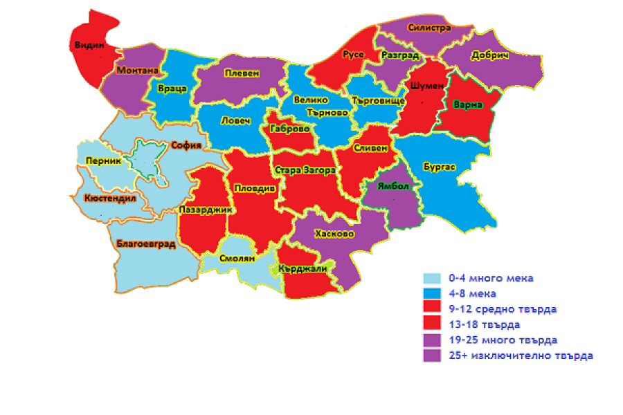 Карта на твърдостта на водата в България по региони